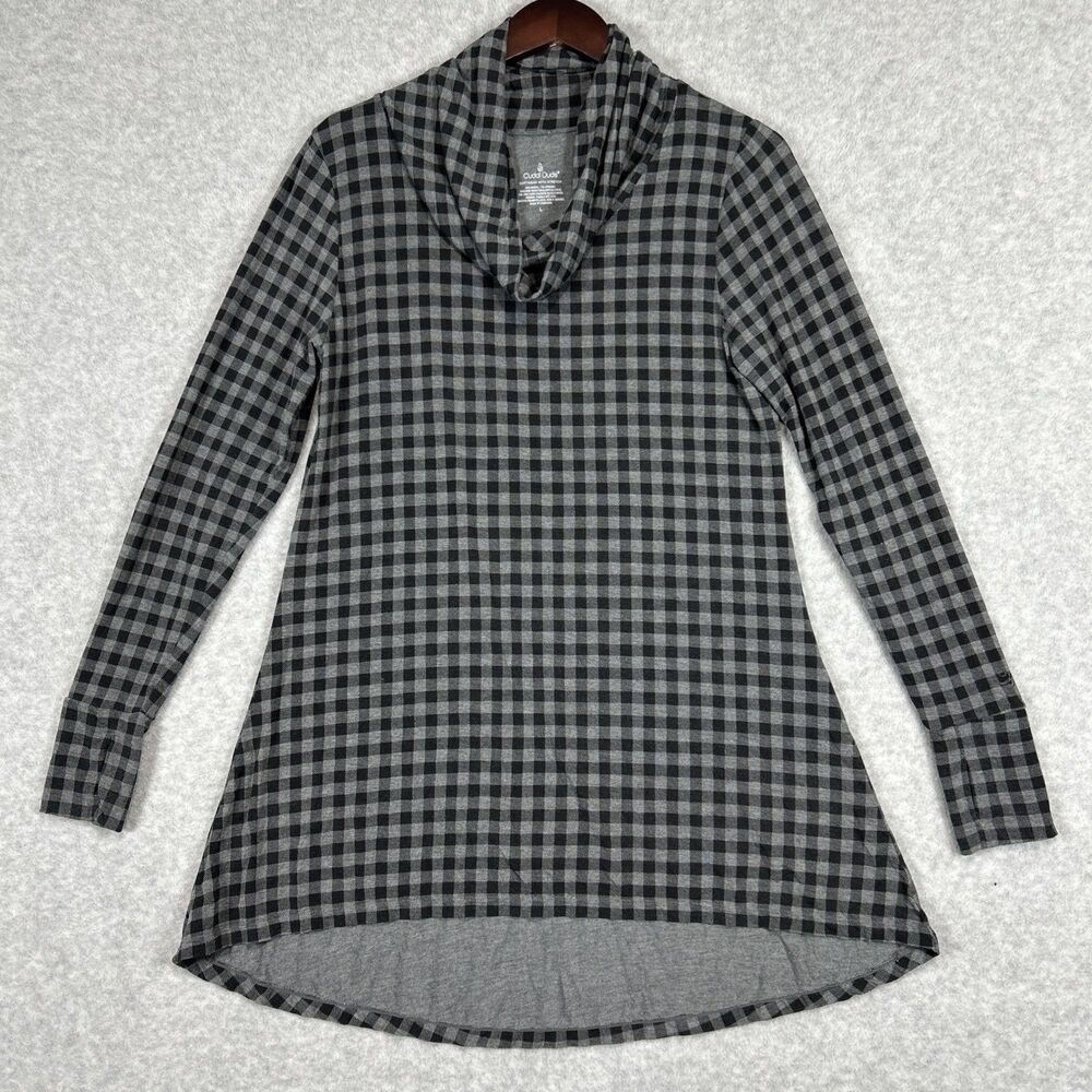 Cuddl Duds Women’s L Cowl Neck Tunic Top Gray Black Long Sleeve Thumb Holes Soft
